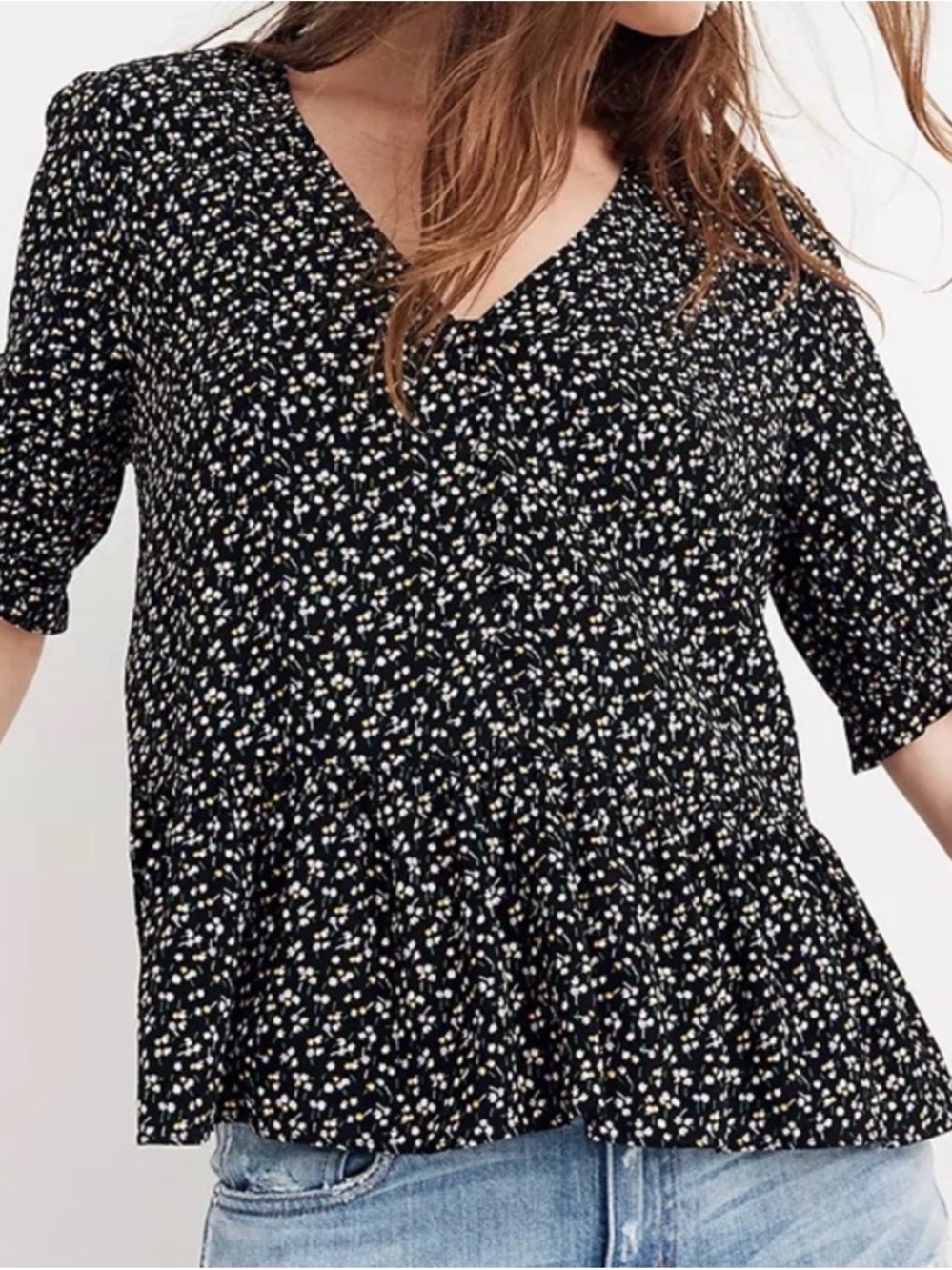 Madewell Black Floral V-Neck Pebble Peplum Blouse